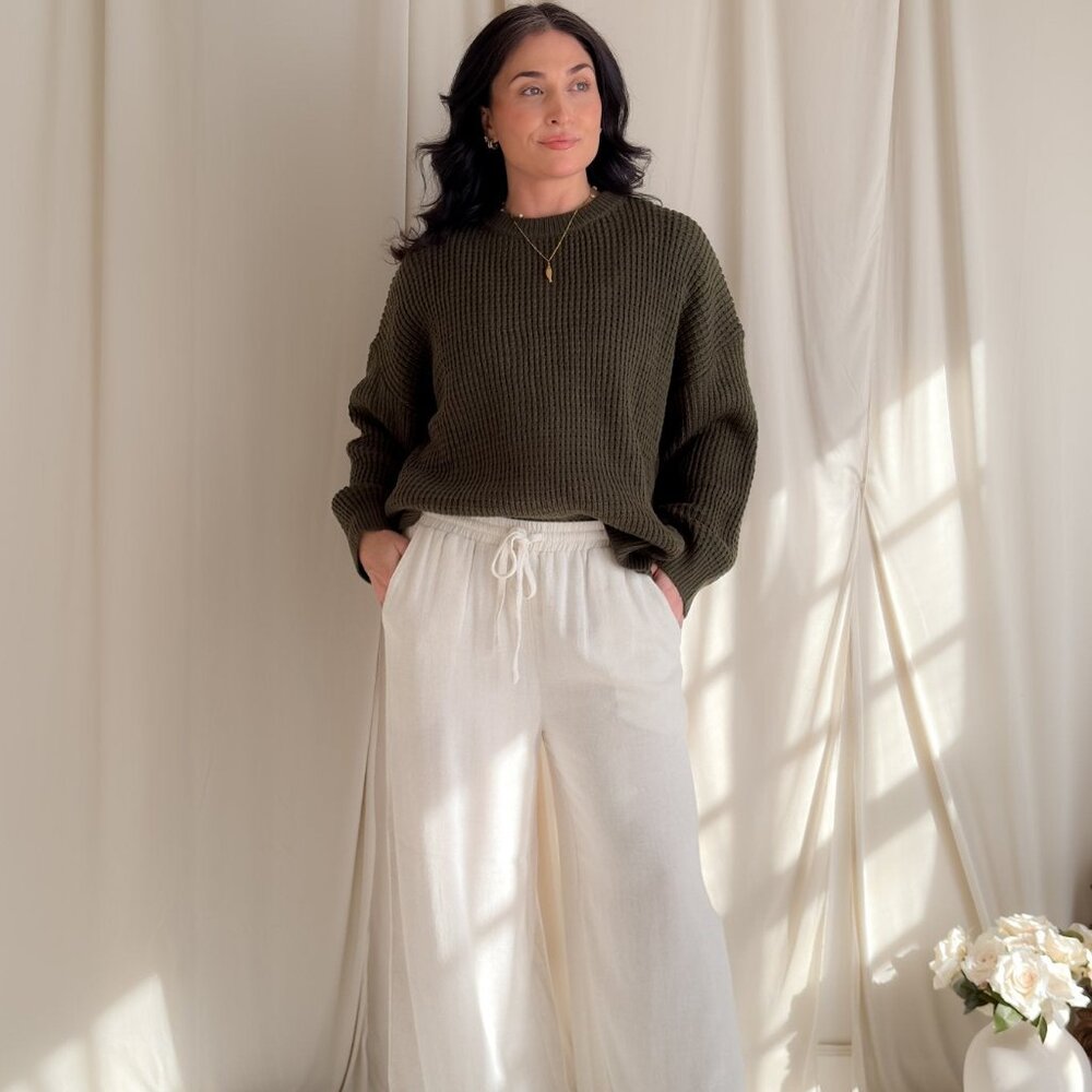 Ivory Linen Blend Wide Leg Drawstring Pants - Picture 7 of 16